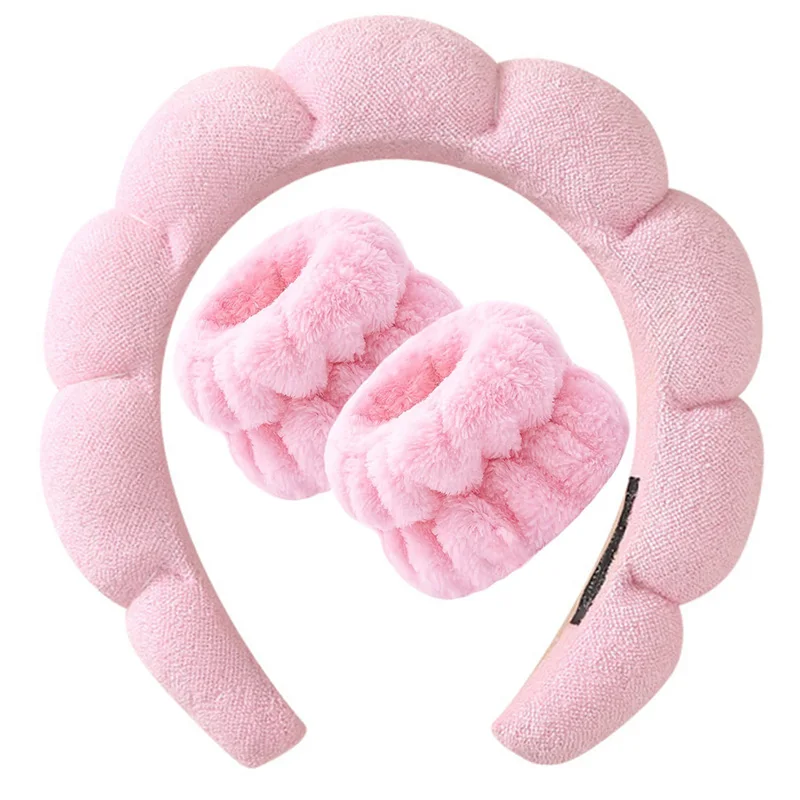 alt_text: Cute 3-piece plush makeup set with headband and wrist straps, perfect for skincare routines.