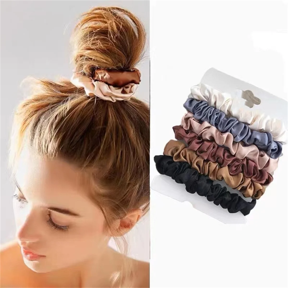 Luxurious satin scrunchies in a 6-piece set, gentle on hair, stylish, and suitable for all ages.