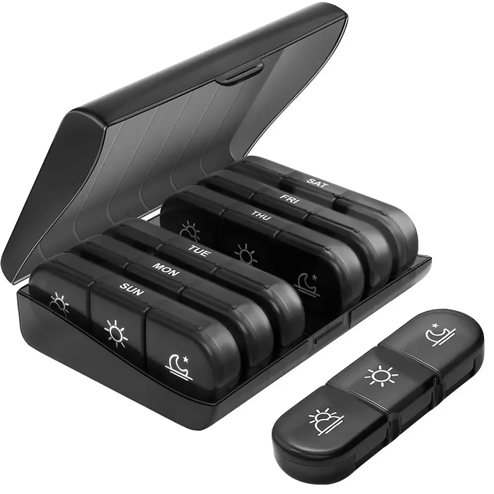 Portable 7-day pill organizer with secure compartments for easy medication management on the go.