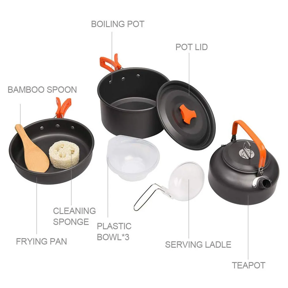 Compact aluminum camping cookware set: kettle, pot, and pan for 2-3 people, perfect for outdoor meals.
