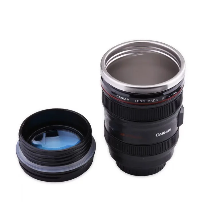 Stylish stainless steel mug designed like a camera lens, perfect for photographers and on-the-go use.