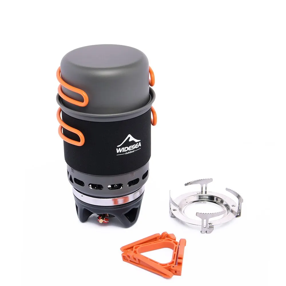 All-in-one portable cooking system for outdoor adventures: burner, pot, and cup for quick meals.
