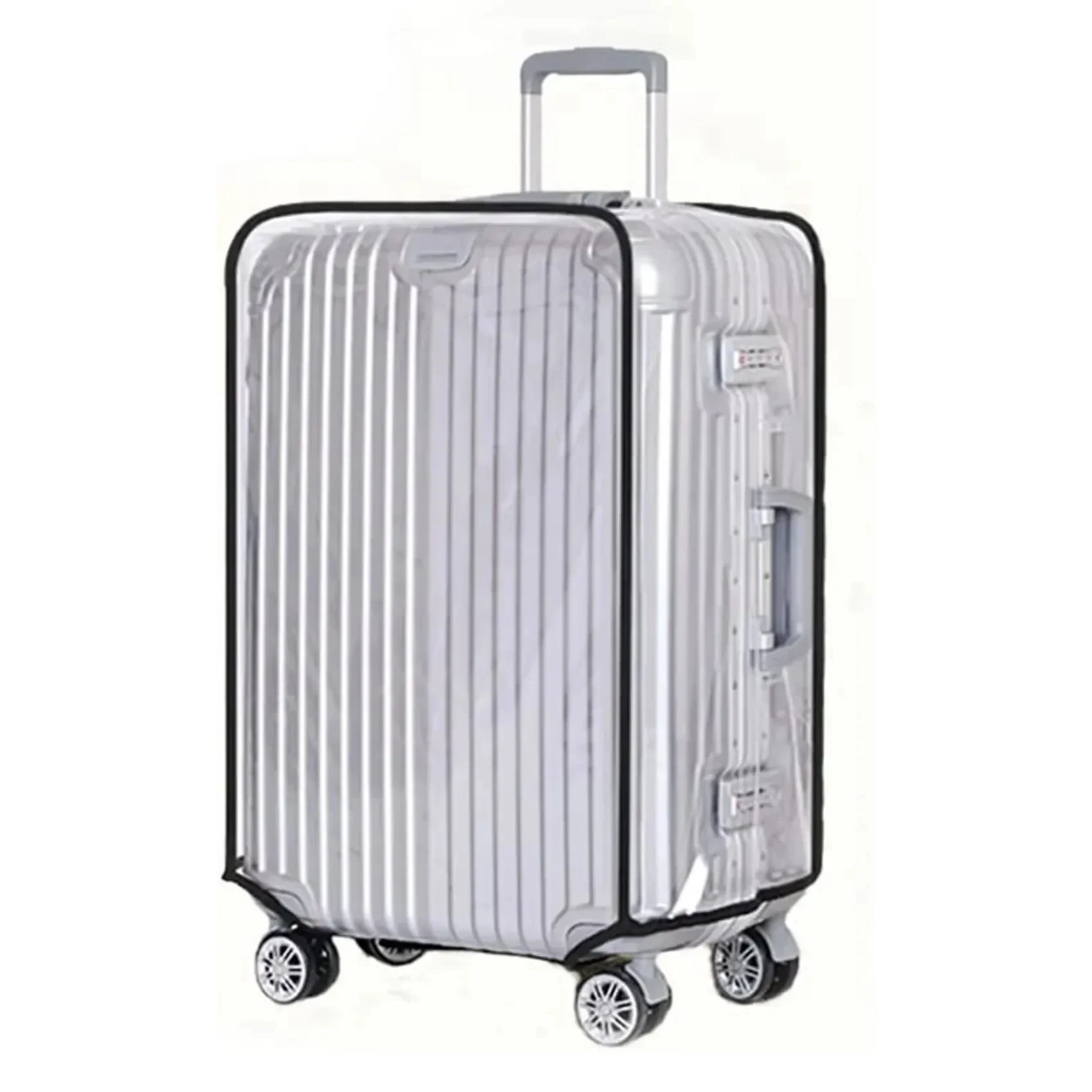 Transparent, eco-friendly luggage cover protects against water, dust, and scratches while traveling.
