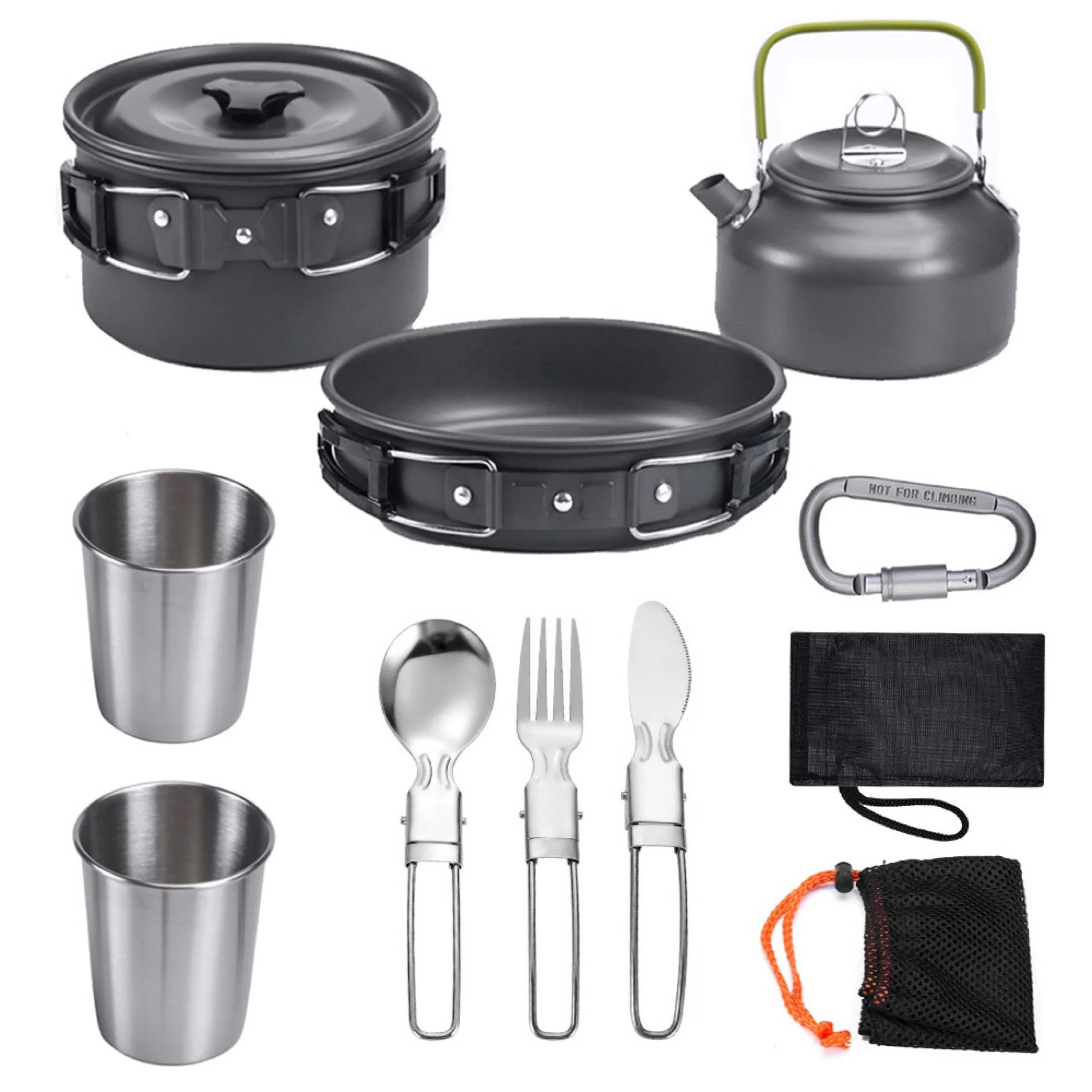 Lightweight, foldable aluminum camping cookware set for 2-3 people, perfect for outdoor adventures.