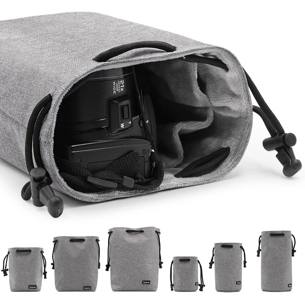 Durable, waterproof camera lens pouch with fleece lining; perfect for outdoor photographers on the go.